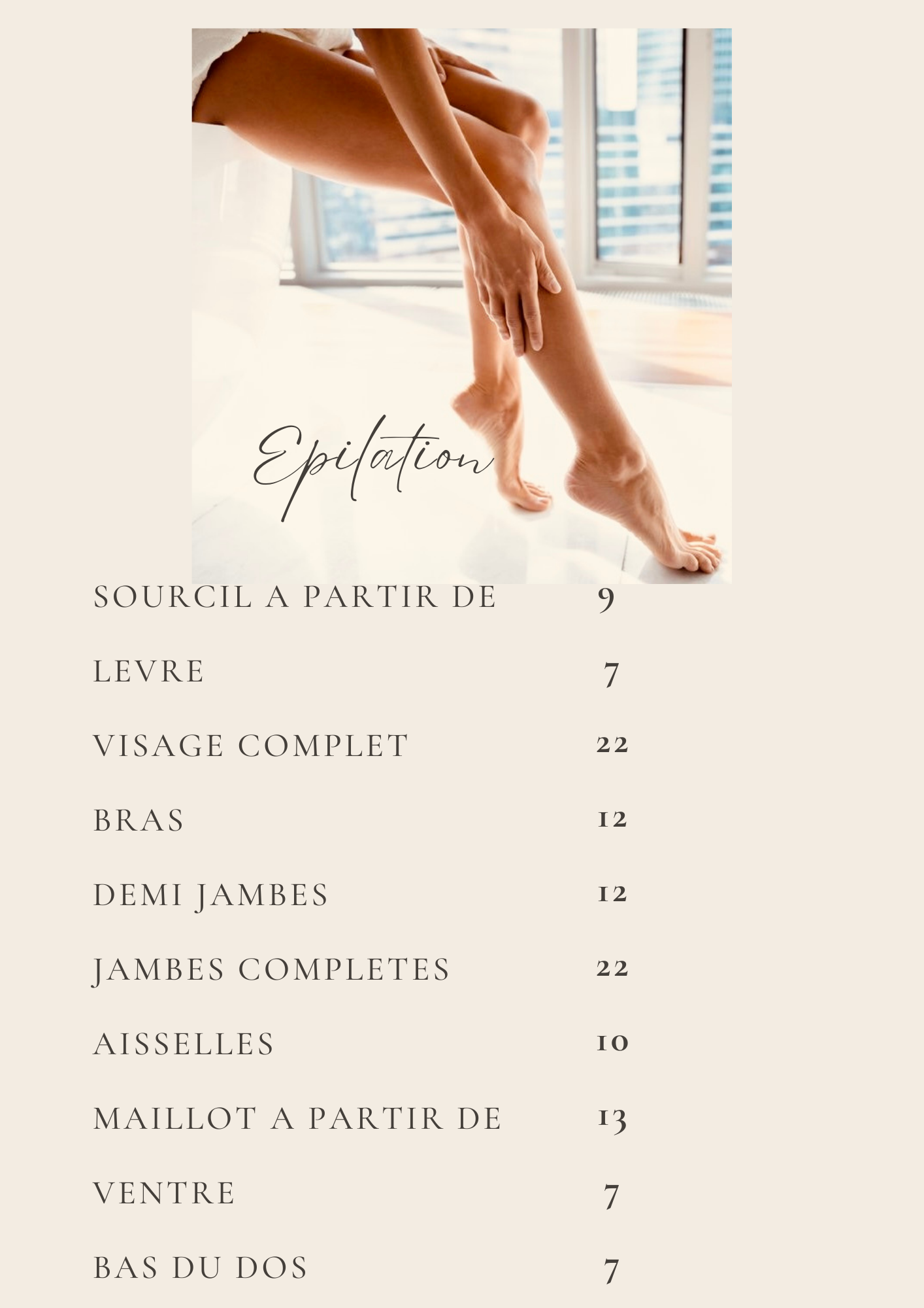 Plaquette de tarifs pour des épilations