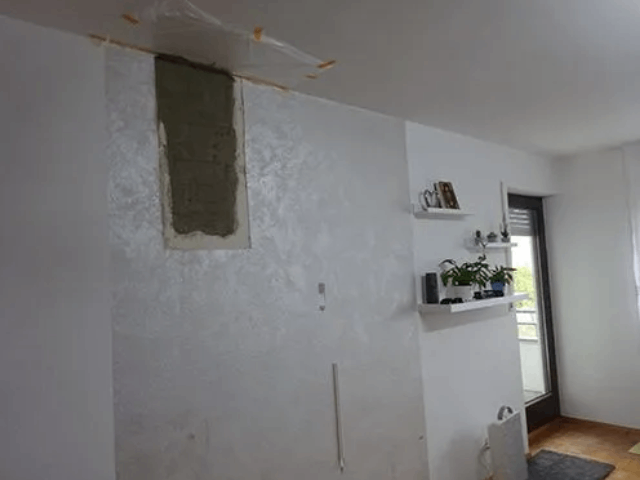 Ein Raum mit weißen Wänden und einem Regal mit Pflanzen darauf