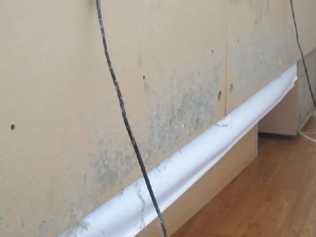 Auf einem Holzboden neben einer Wand liegt ein Blatt Papier.