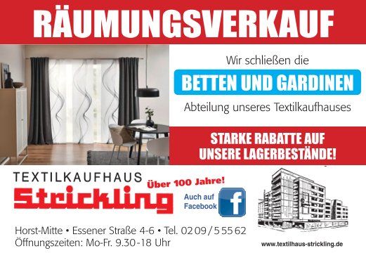 Deutsche Räumungsverkaufsanzeige für das Textilgeschäft Strickling, rot und blau, mit Rabatten auf Vorhänge und Möbel.