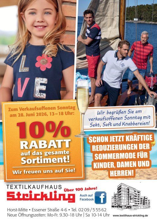 Ein Werbeplakat mit lächelnden Kindern, die Kleidung präsentieren, und einem Text, der auf 10 % Rabatt auf alle Artikel und reduzierte Kinderbademode hinweist.