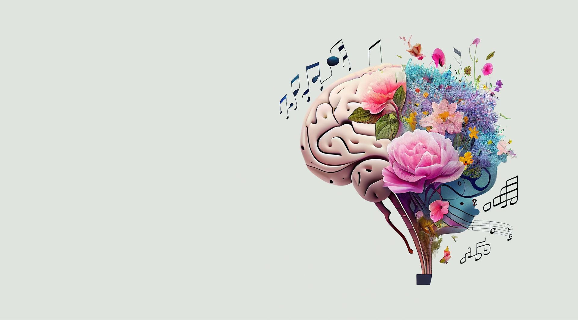 Un cerebro con flores y notas musicales saliendo de él.