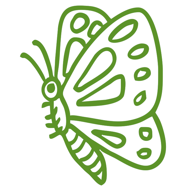 Grüne Umrisszeichnung einer hängenden Blüte oder eines Triebes mit Blättern auf weissem Hintergrund