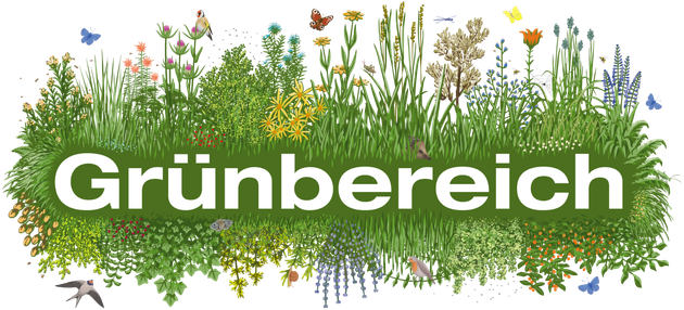 Grünbereich-Logo mit weisser Schrift über grünen Laubsilhouetten