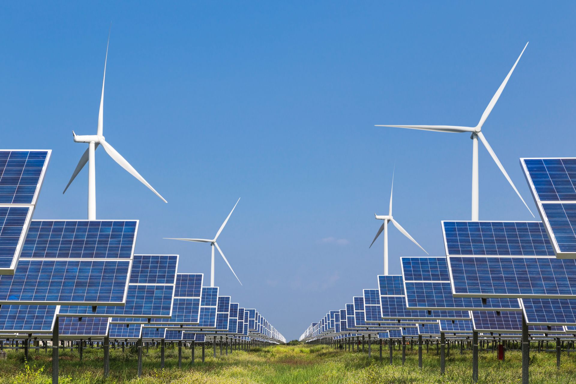 Un campo de paneles solares y turbinas eólicas contra un cielo azul.