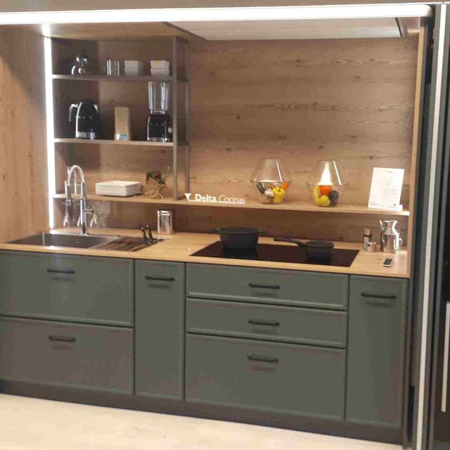 Una cocina con gabinetes verdes y una pared de madera.