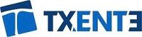 Un logotipo azul y blanco para txente sobre un fondo blanco.