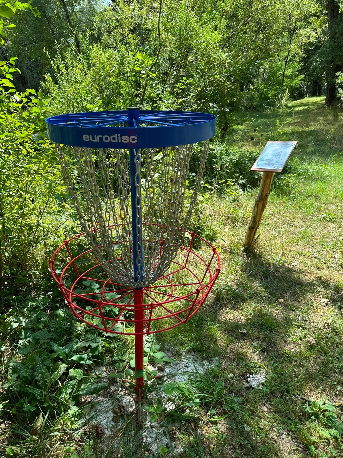 Panier de disc golf bleu sur un poteau rouge dans une zone boisée et herbeuse, avec un panneau à proximité.