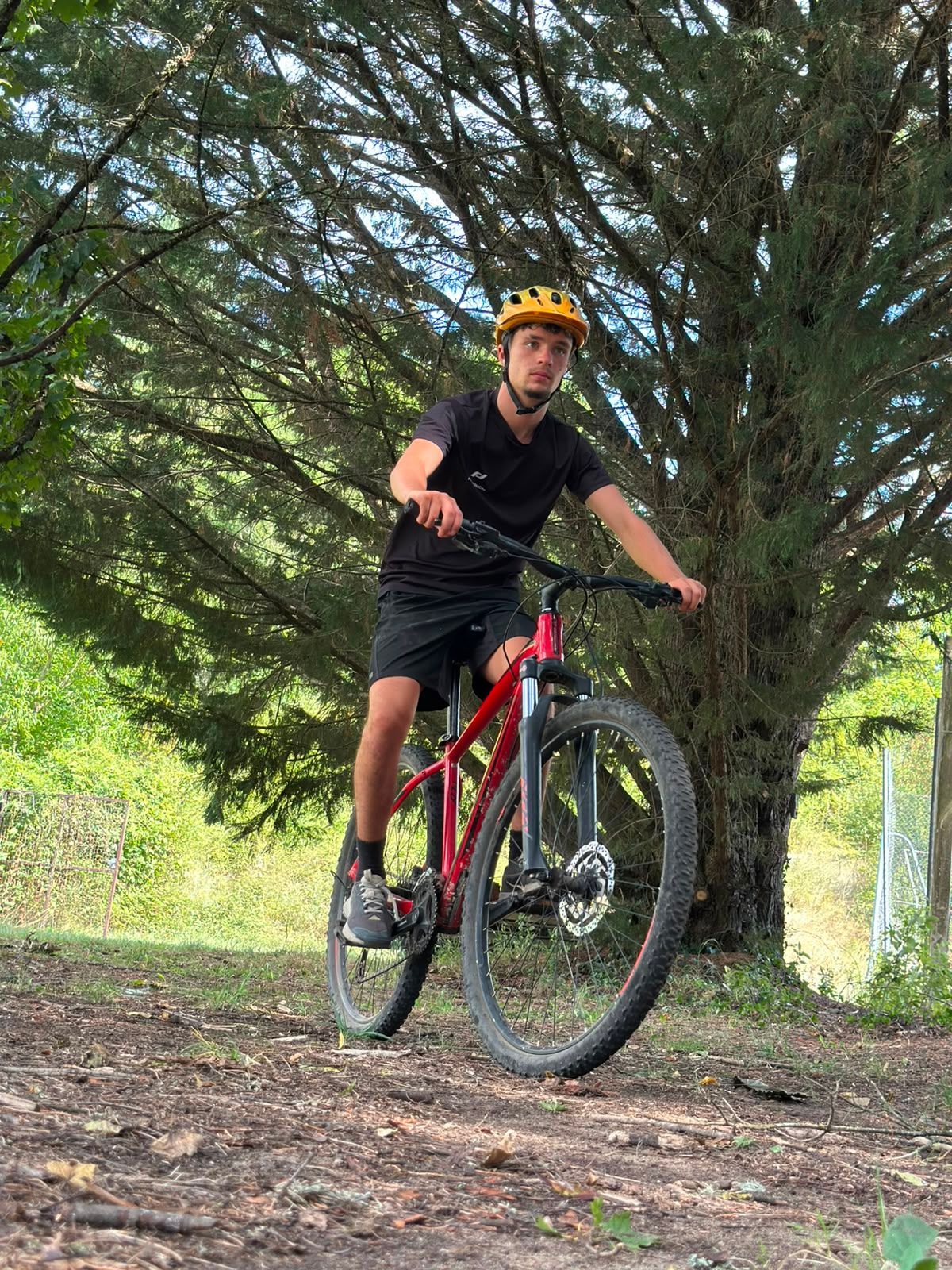 Un cycliste sur un VTT rouge roule sur un chemin de terre sous des arbres feuillus