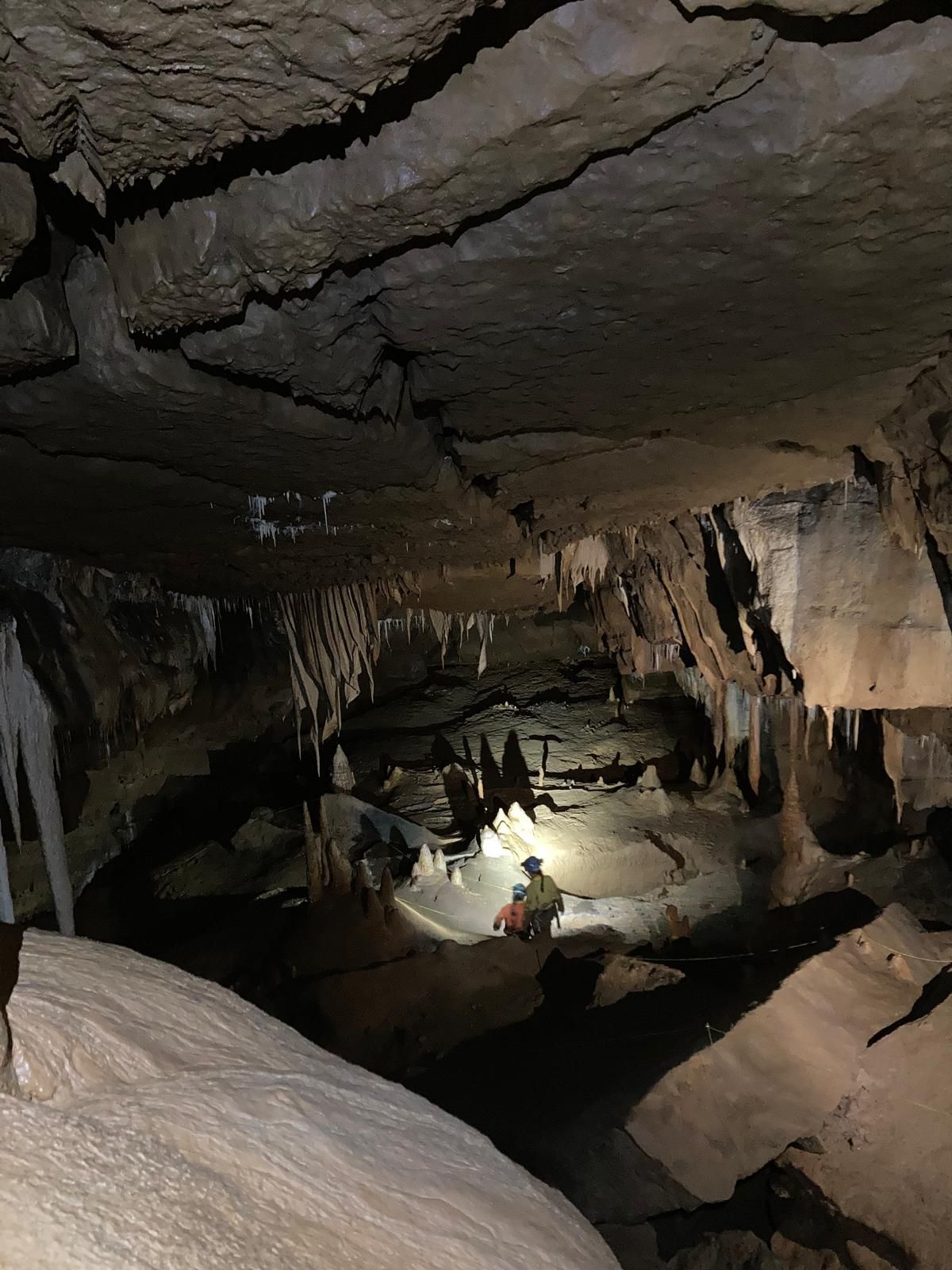 Une personne munie d'une lampe torche se trouve à l'intérieur d'une grotte faiblement éclairée, ornée de formations rocheuses et de stalactites.