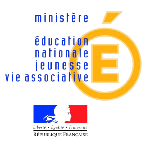 Logo du ministère français de l'Éducation nationale et de la Jeunesse : texte, drapeau et un « E » doré dans un cercle.
