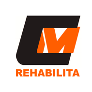 Logotipo negro y naranja con las letras "CM" y la palabra "REHABILITA".