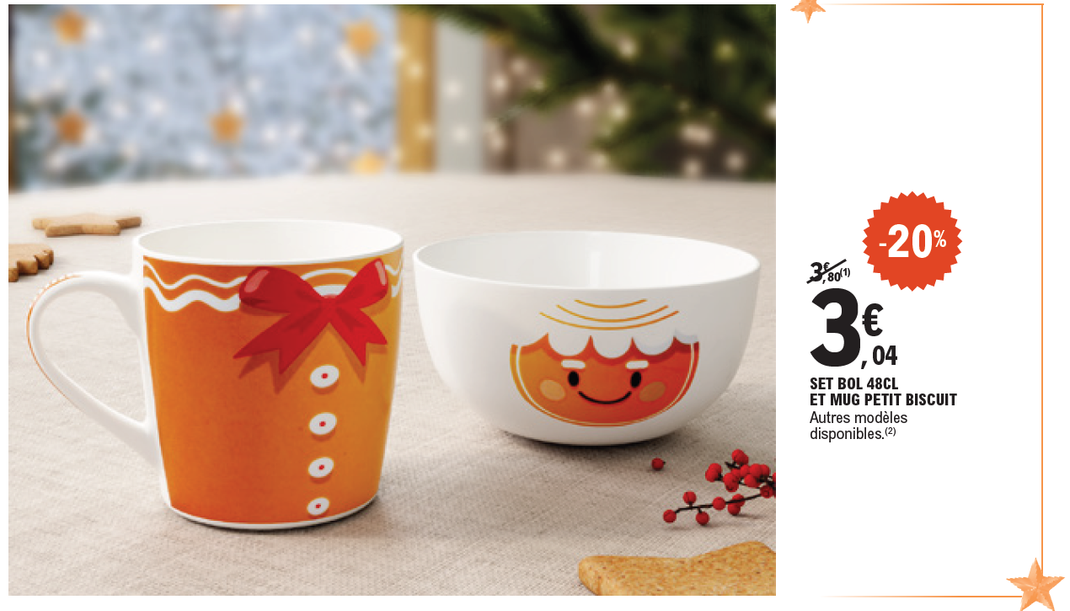 Set de bol 48 centilitres et mug Petit Biscuit : 3,04 € au lieu de 3,80 €, soit -20 % de remise).