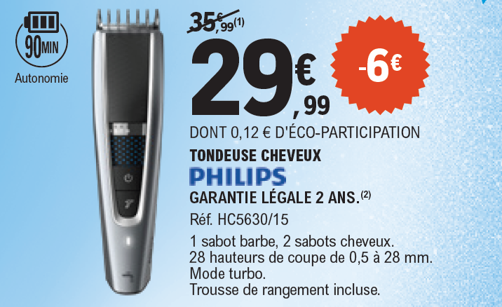 Tondeuse cheveux Philips (garantie légale 2 ans, référence HC5630/15, 1 sabot barbe, 2 sabots cheveux, 28 hauteurs de coupe de 0.5 à 28 millimètres, mode turbo, trousse de rangement incluse, 90 minutes d’autonomie) : 29,99 € au lieu de 35,99 €, soit 6 € de remise.
