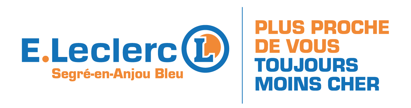 Logo E.Leclerc Segré-en-Anjou Bleu, PLUS PROCHE DE VOUS TOUJOURS MOINS CHER