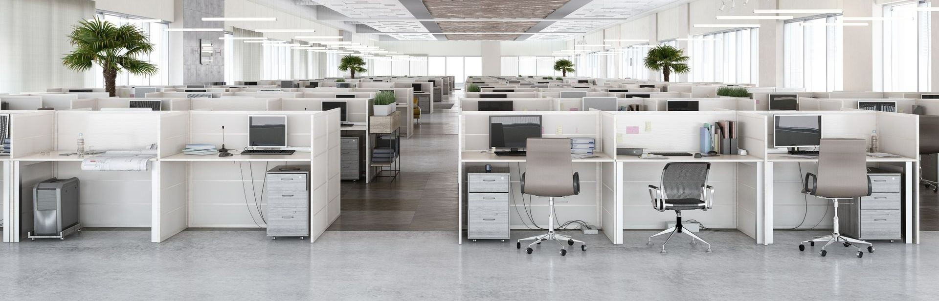 Bureaux dans un open space et sol carrelé