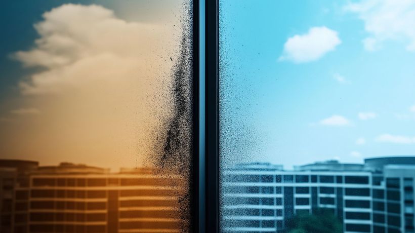 Vitres de fenêtres sales avec vue sur des immeubles