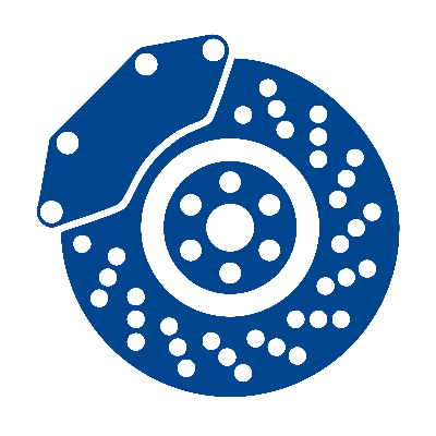 Ein blau-weißes Symbol einer Bremsscheibe auf weißem Hintergrund.