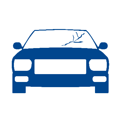 Ein blaues Auto mit einer gesprungenen Windschutzscheibe auf weißem Hintergrund.