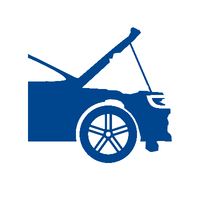 Eine blaue Silhouette eines beschädigten Autos mit geöffneter Motorhaube.