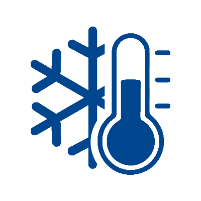 Ein blaues Thermometer mit einer Schneeflocke im Hintergrund.