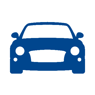 Ein blaues Autosymbol auf weißem Hintergrund.