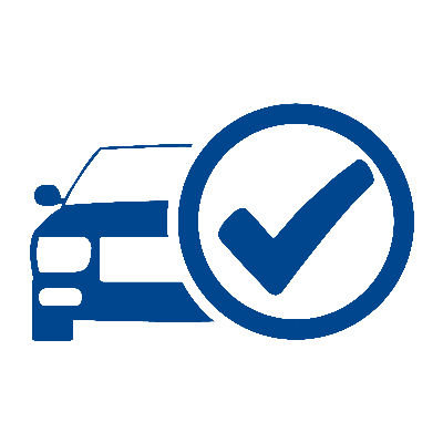 ein blaues Auto mit einem Häkchen im Kreis.