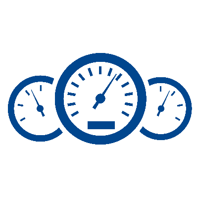 ein blaues Symbol mit drei Messgeräten auf weißem Hintergrund.