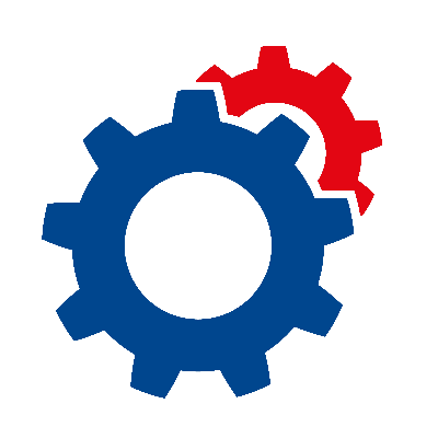 Zwei blaue Zahnräder sind auf weißem Hintergrund miteinander verbunden.