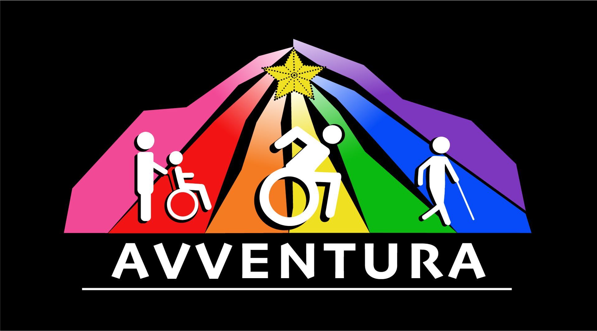 Black logo, rainbow mountain with star at the summit, the base has 3 figures, caregiver pushing child in wheelchair, an active wheelchair user, and a person using a cane, below reads Avventura