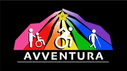 Black logo, rainbow mountain with star at the summit, the base has 3 figures, caregiver pushing child in wheelchair, an active wheelchair user, and a person using a cane, below reads Avventura