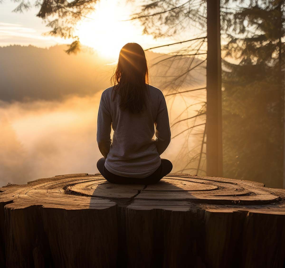 Mujer sentada en un tocón de árbol, meditando con una puesta de sol de fondo.