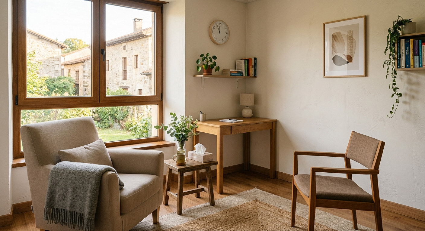 Acogedora sala de estar con un sillón, un escritorio, una silla de madera, plantas y luz del sol que entra por una ventana grande.