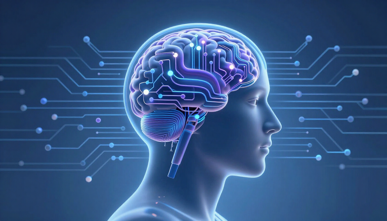 Cerebro de IA azul neón dentro de la silueta de una cabeza humana, con líneas de circuitos sobre un fondo oscuro