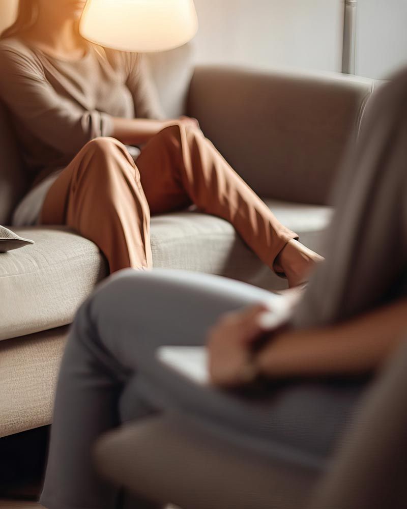 Persona sentada en un sofá hablando con otra persona en una sesión de terapia.