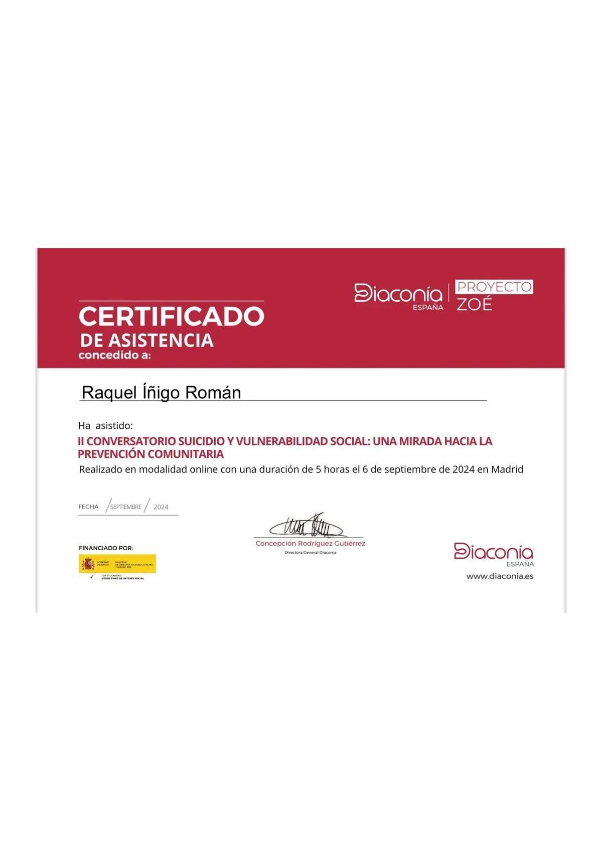 Certificado de Asistencia en español para Raquel Iñigo Ramón, con cabecera roja.