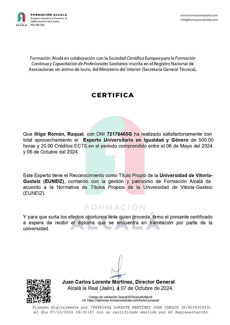 Certificado con texto en español, logo y firma.