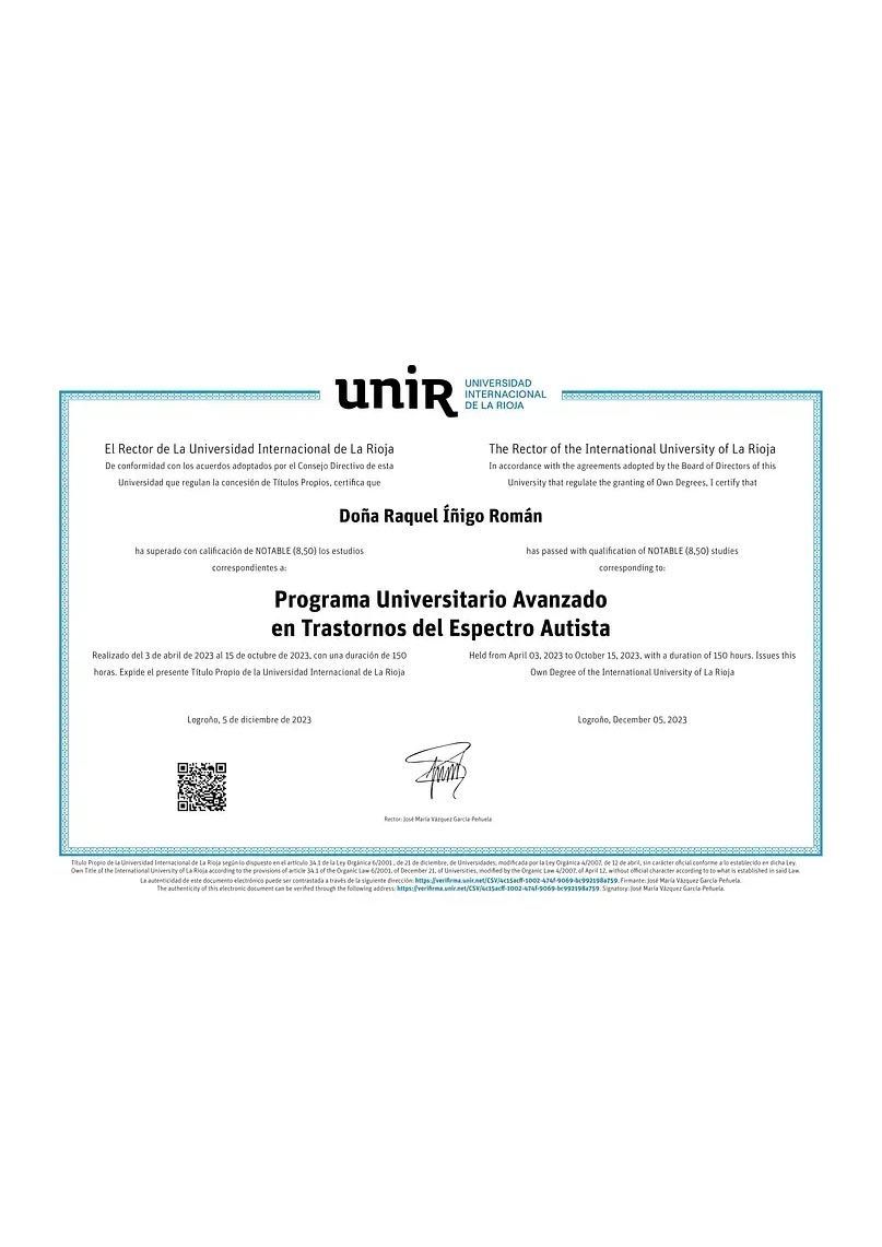 Certificado de la Universidad UNIR: Programa sobre Trastorno del Espectro Autista. Borde azul, fondo blanco y texto.