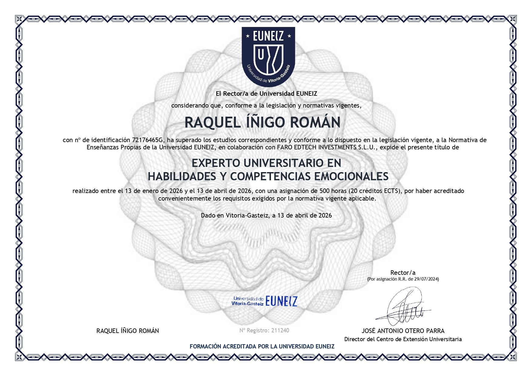 Certificate for Raquel Nigo Rojas, “Experto Universitario en Habilidades y Competencias Emocionales”