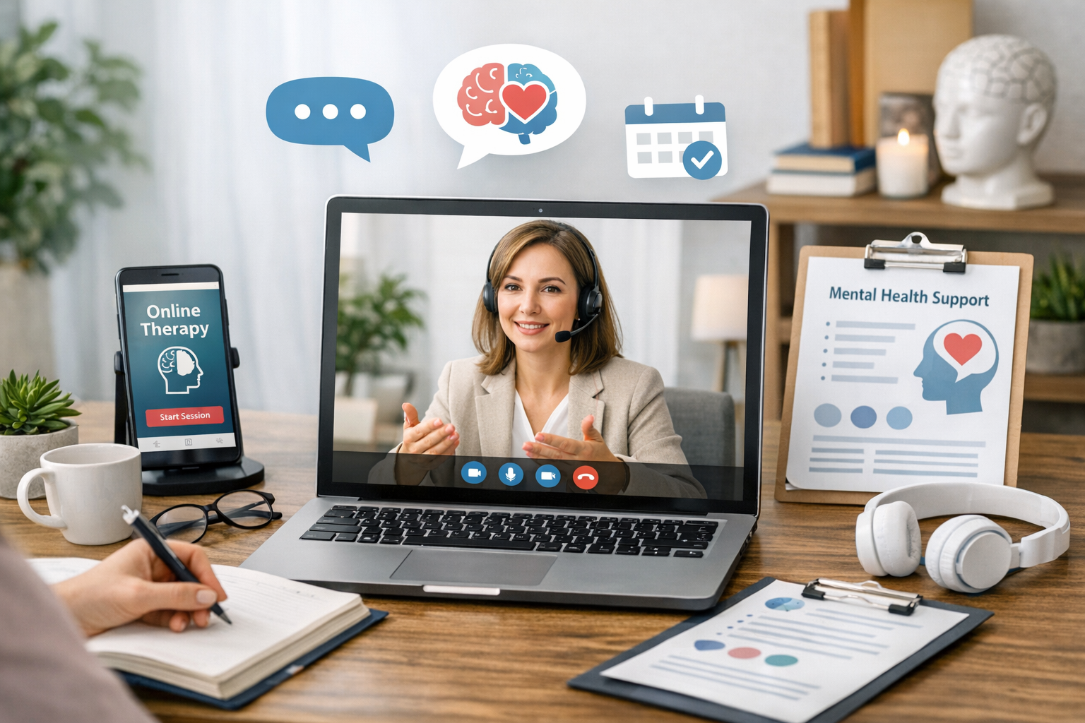Consulta de telesalud en una computadora portátil con auriculares, teléfono, tableta y registros de salud en un escritorio.
