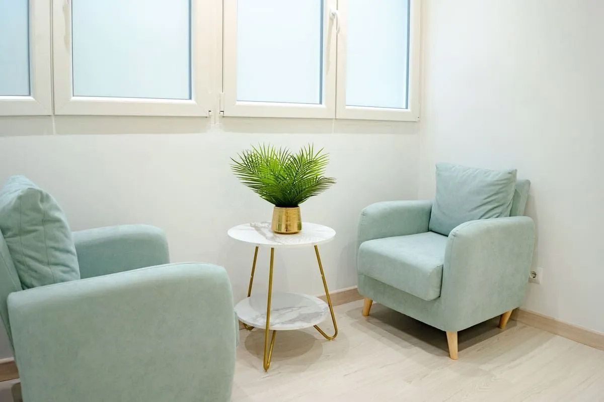 Luminosa sala de estar con dos sillones color menta, una mesita blanca y un jarrón con plantas verdes junto a la ventana.