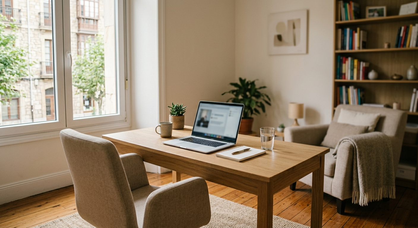 Acogedora oficina en casa con escritorio de madera, portátil, sillón, estanterías y una gran ventana por la que entra la luz del día