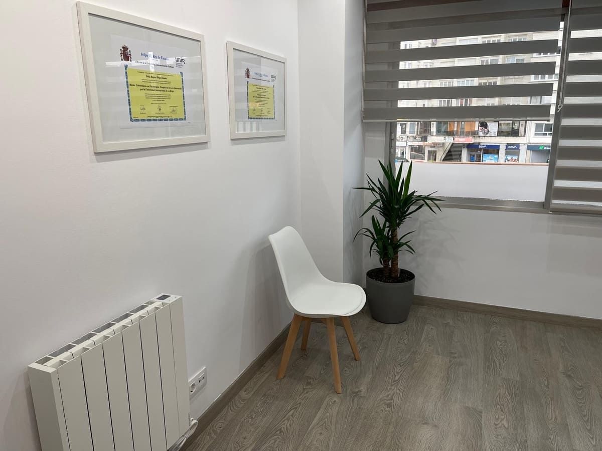 Zona de espera con silla blanca, planta en maceta, dos cuadros enmarcados y ventana.