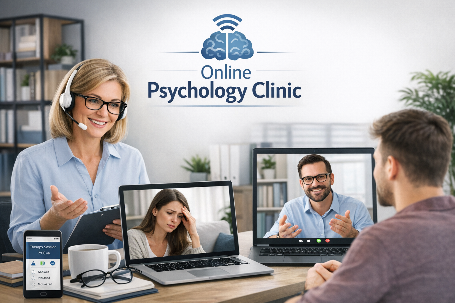 Videoconsulta en línea de una clínica psicológica con terapeuta y paciente, utilizando un ordenador portátil o un escritorio.