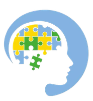 Silueta de una cabeza con piezas de rompecabezas en su interior, símbolo de concientización sobre el autismo. Colores azul, verde y amarillo.
