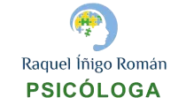Logotipo para la psicóloga Raquel Iñigo Román: Óvalo azul con cabeza de puzzle y perfil, nombre en azul, 