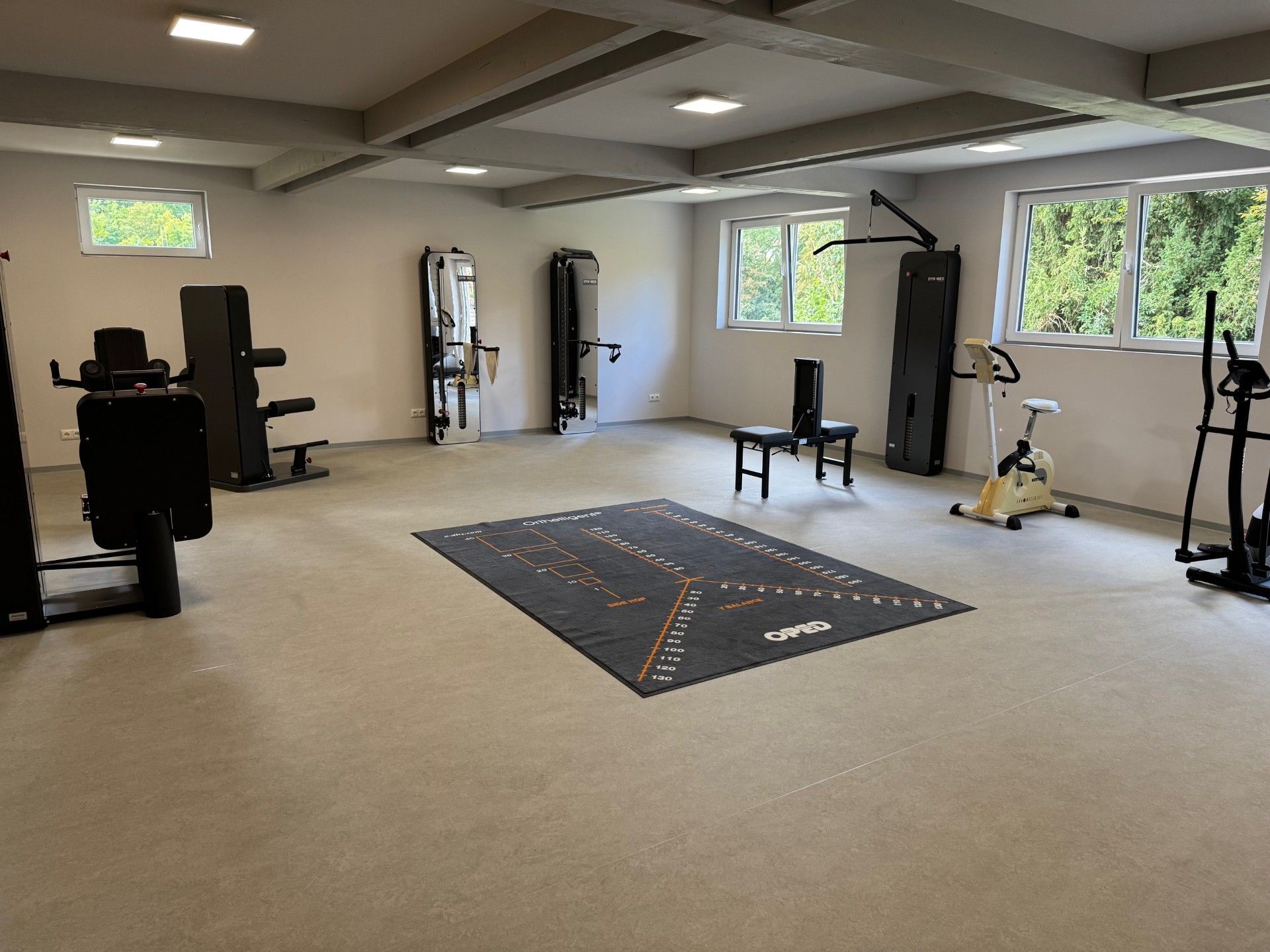 Fitnessstudio-Innenraum mit Trainingsgeräten, einer Matte und Fenstern.