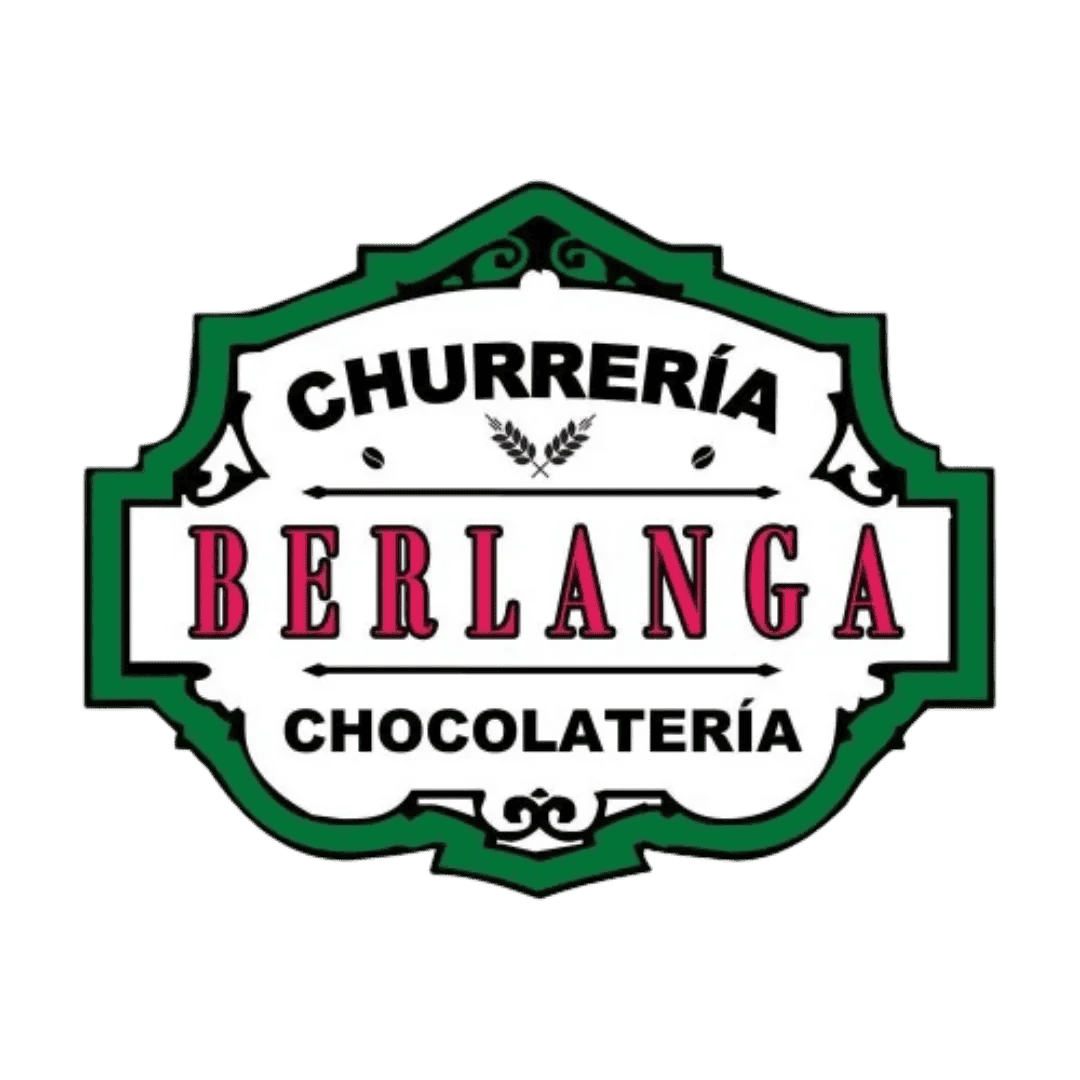 Logotipo para Churrería Berlanga, tienda de chocolate, en marco decorativo verde y blanco.