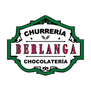 Logotipo para Churrer&iacute;a Berlanga, tienda de chocolate, en marco decorativo verde y blanco.