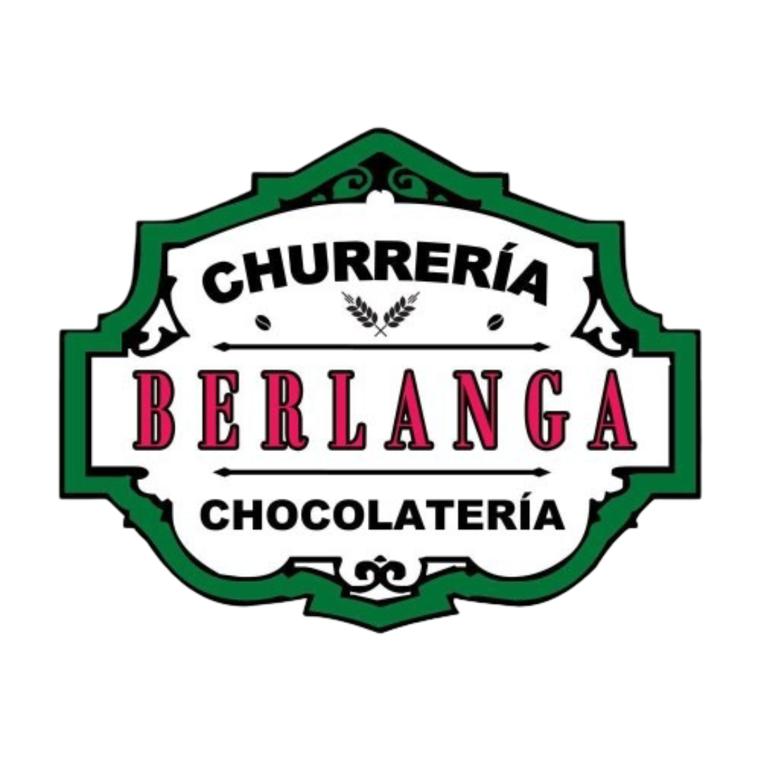 Logotipo para Churrería Berlanga, tienda de chocolate, en marco decorativo verde y blanco.